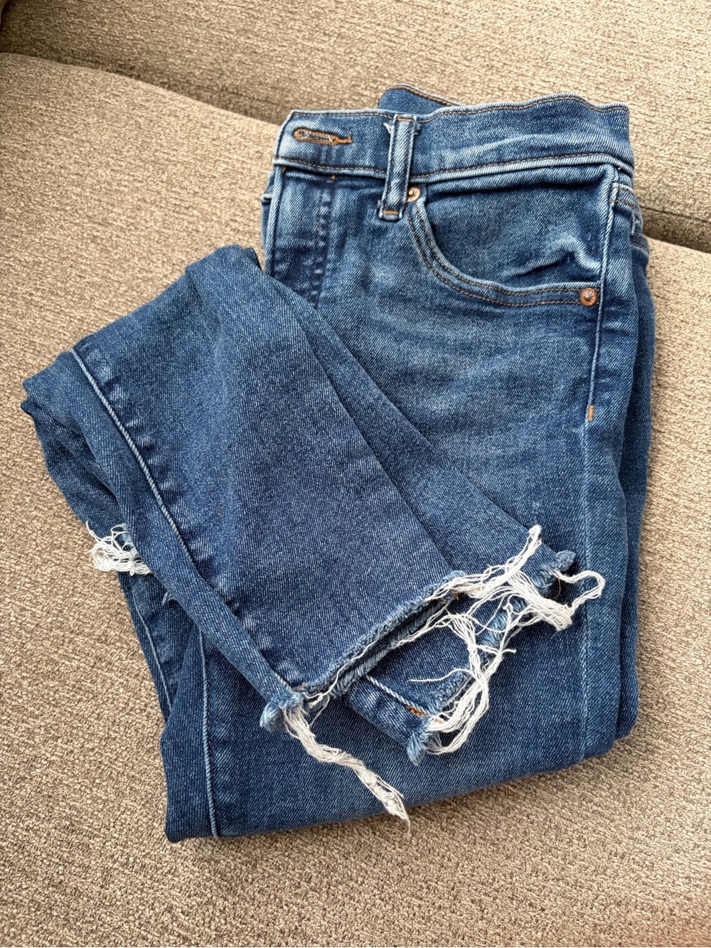 Express Women's Medium Blue Distressed Hem Skinny Jeans